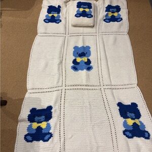 Handmade Blue White Teddy Bear crochet  Blanket pillow set 37x66